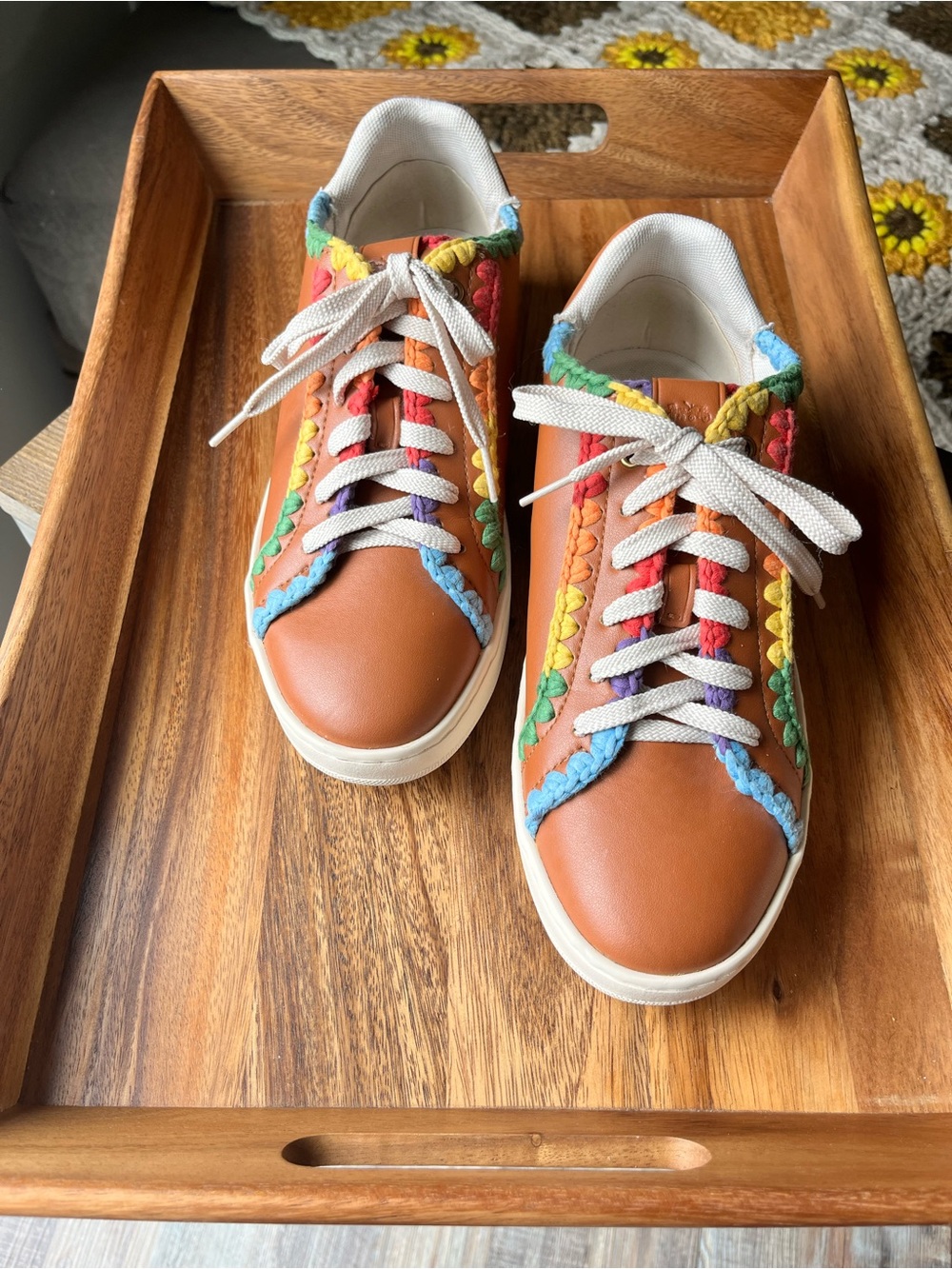 Coach Orange Leather Sneakers with Multicolor Crochet Trim - Picture 2 of 7